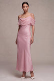 Vestido Midi sirena de chifón rosa oscuro con hombros fríos