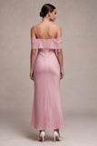 Vestido Midi sirena de chifón rosa oscuro con hombros fríos