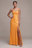 Vestido Maxi de sirena fruncido de tirantes de satén amarillo claro con abertura