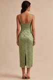 Vestido midi floral ceñido de satén verde claro con abertura