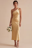 Vestido midi de sirena de un solo hombro dorado de satén