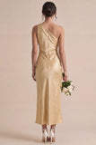 Vestido midi de sirena de un solo hombro dorado de satén