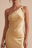 Vestido midi de sirena de un solo hombro dorado de satén