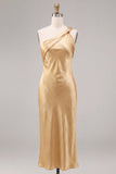 Vestido midi de sirena de un solo hombro dorado de satén