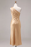 Vestido midi de sirena de un solo hombro dorado de satén