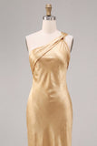 Vestido midi de sirena de un solo hombro dorado de satén