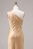 Vestido midi de sirena de un solo hombro dorado de satén