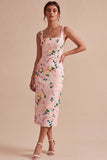 Bodycon vestido midi midi floral rosa de cuello cuadrado con abertura