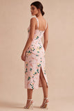 Bodycon vestido midi midi floral rosa de cuello cuadrado con abertura