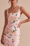 Bodycon vestido midi midi floral rosa de cuello cuadrado con abertura