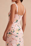 Bodycon vestido midi midi floral rosa de cuello cuadrado con abertura