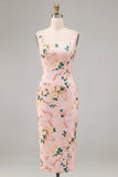 Bodycon vestido midi midi floral rosa de cuello cuadrado con abertura