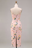 Bodycon vestido midi midi floral rosa de cuello cuadrado con abertura