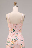 Bodycon vestido midi midi floral rosa de cuello cuadrado con abertura