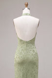 Vestido Midi Floral Sirena con cuello halter verde claro y estampado