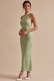 Vestido Midi Floral Sirena con cuello halter verde claro y estampado