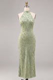 Vestido Midi Floral Sirena con cuello halter verde claro y estampado