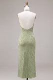 Vestido Midi Floral Sirena con cuello halter verde claro y estampado