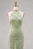 Vestido Midi Floral Sirena con cuello halter verde claro y estampado