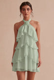 Vestido blanco floral de chiffon con escote halter en línea A y volantes