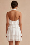 Vestido blanco floral de chiffon con escote halter en línea A y volantes