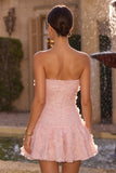 Vestido corto corto rosa de fin de semana floral perlado con perlas y tirantes en línea A