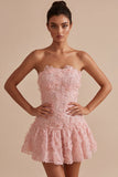 Vestido corto corto rosa de fin de semana floral perlado con perlas y tirantes en línea A