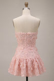 Vestido corto corto rosa de fin de semana floral perlado con perlas y tirantes en línea A