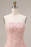 Vestido corto corto rosa de fin de semana floral perlado con perlas y tirantes en línea A