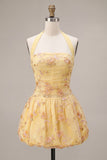 Vestido de bienvenida a casa, con escote amarillo y escote halter, bordado con flores