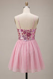 Vestido de bienvenida rosa rosa con tirantes finos y lentejuelas