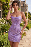 Plum Bodycon con tirantes finos Corset, lentejuelas, vestido de bienvenida con lazo