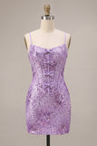 Plum Bodycon con tirantes finos Corset, lentejuelas, vestido de bienvenida con lazo