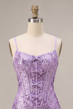Plum Bodycon con tirantes finos Corset, lentejuelas, vestido de bienvenida con lazo