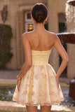 Vestido de bienvenida de bienvenida floral bordado sin tirantes amarillo claro en línea A