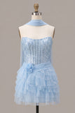 Corsé azul celeste, lentejuelas, vestido sin tirantes sin tirantes y bufanda de cuello azul celeste