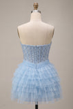 Corsé azul celeste, lentejuelas, vestido sin tirantes sin tirantes y bufanda de cuello azul celeste