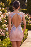 Vestido de Homecoming con lentejuelas bodycon escote en V rosa con corte floral