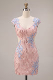 Vestido de Homecoming con lentejuelas bodycon escote en V rosa con corte floral