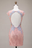 Vestido de Homecoming con lentejuelas bodycon escote en V rosa con corte floral