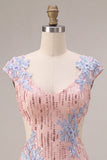 Vestido de Homecoming con lentejuelas bodycon escote en V rosa con corte floral