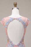 Vestido de Homecoming con lentejuelas bodycon escote en V rosa con corte floral