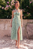 Vestido midi floral de chiffon con volantes y escote en forma de A-line Sage con abertura