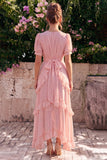 Vestido midi floral asimétrico asimétrico con escote en A de gasa rosa y mangas abullonadas