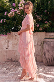 Vestido midi floral asimétrico asimétrico con escote en A de gasa rosa y mangas abullonadas