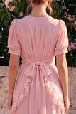 Vestido midi floral asimétrico asimétrico con escote en A de gasa rosa y mangas abullonadas