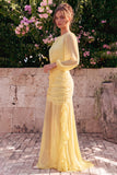 Vestido largo largo de sirena de chiffon de narciso con escote redondo y volantes y manga larga