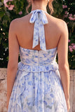 Vestido midi de chiffon azul con escote húlter y filetes