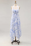 Vestido midi de chiffon azul con escote húlter y filetes