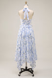 Vestido midi de chiffon azul con escote húlter y filetes